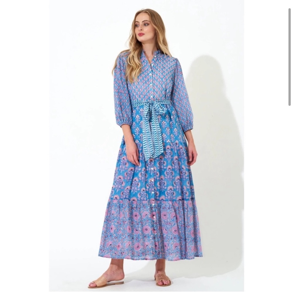 Oliphant ruffle collar button maxi dress in antibes blue